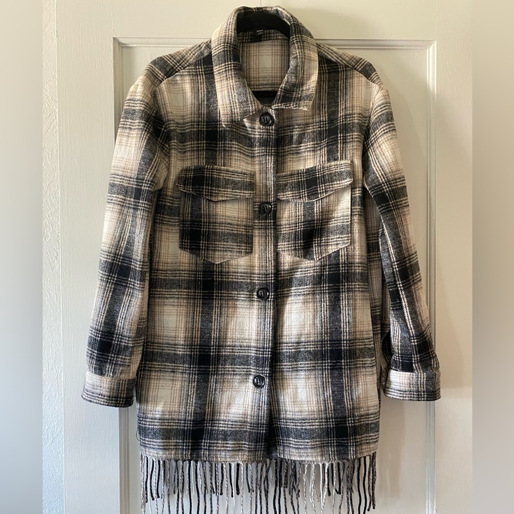 Laundry By Shelli Segal Button Beige Black Plaid Jacket Tassels Fringe Size S